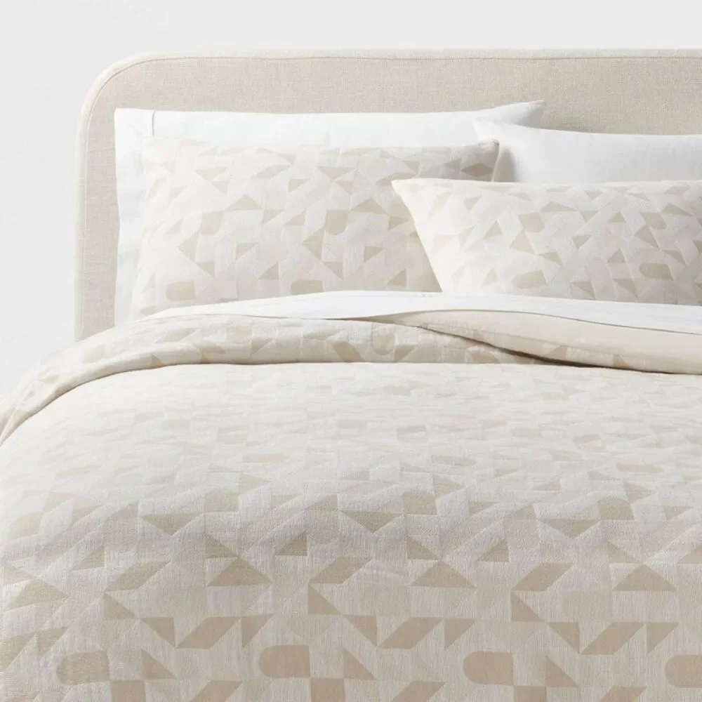 King Geo Matelasse Woven Cotton Blend Duvet Cover Set - Khaki/Ivory